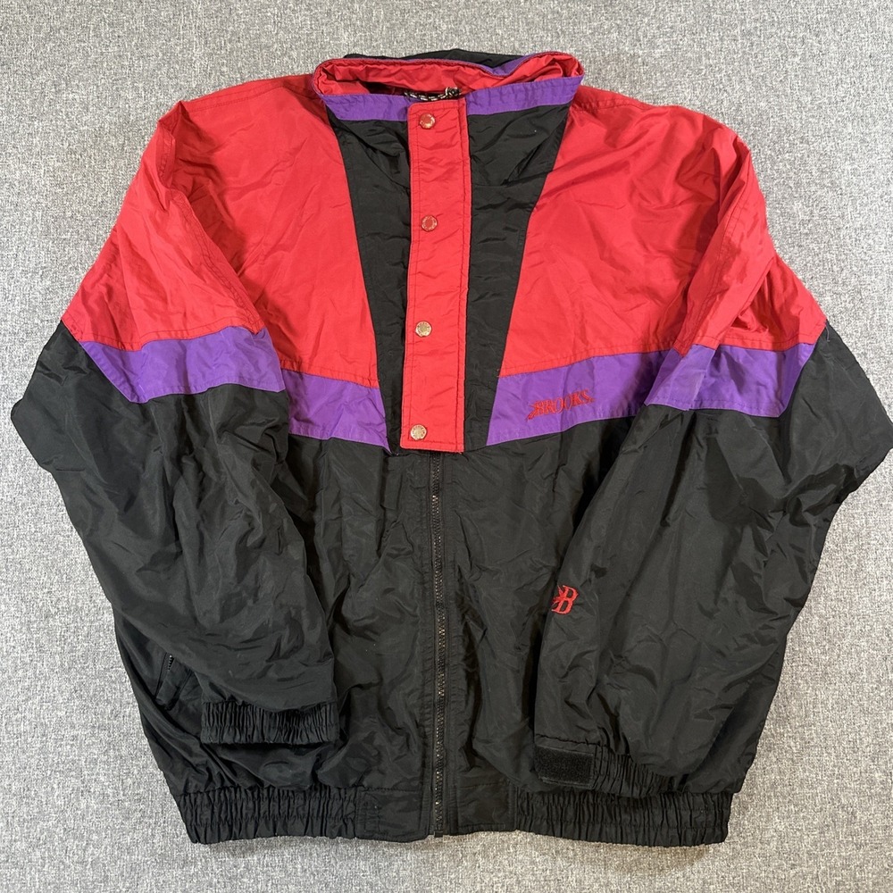 Vintage Brooks‎ Nylon Windbreaker Jacket Black Red Purple 46 Tall XL